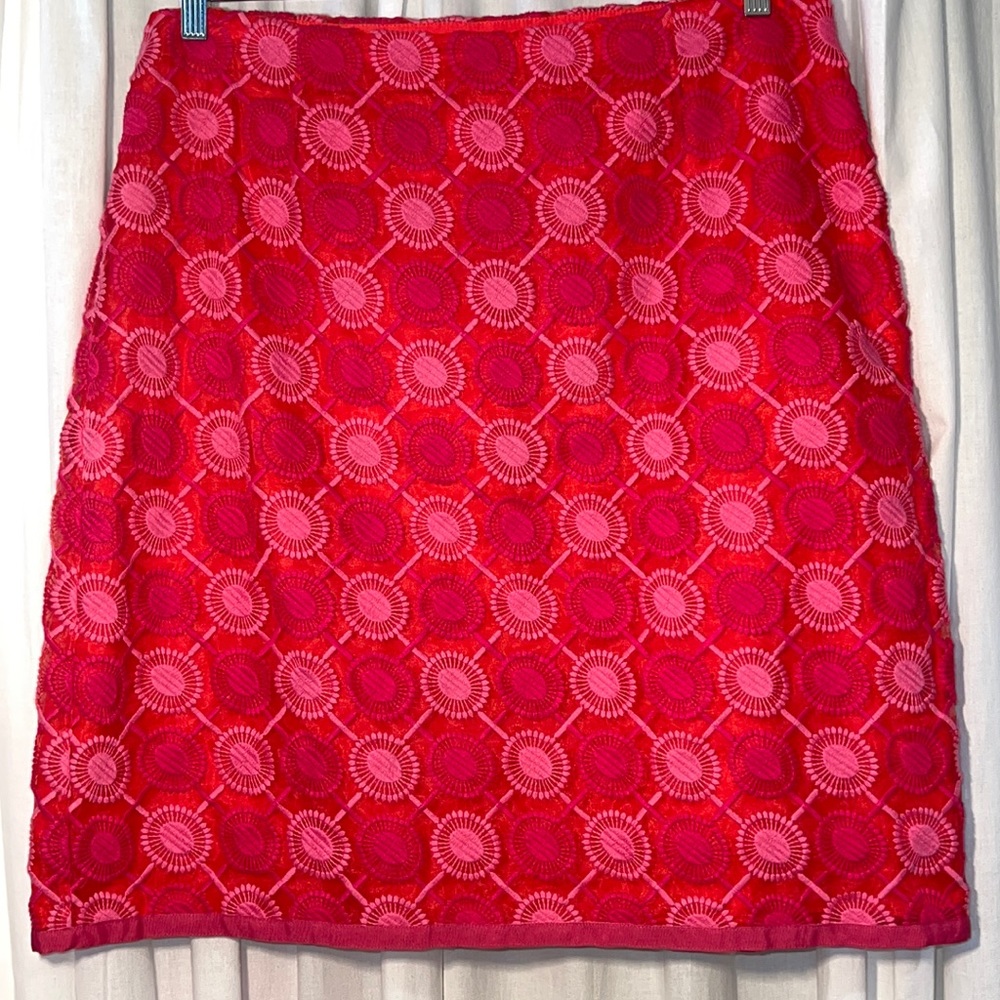 Boden pink/red geo/floral embroidered organza w/grosgrain ribbon hem skirt